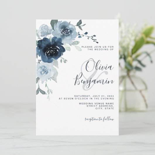 Elegant Dusty Blue Navy Pastel Boho Floral Wedding Kaart (Staand voorkant)