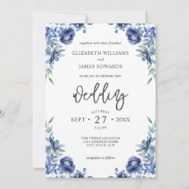 Elegant Dusty Blue Navy Rustic Floral Wedding Kaart
