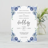 Elegant Dusty Blue Navy Rustic Floral Wedding Kaart (Staand voorkant)