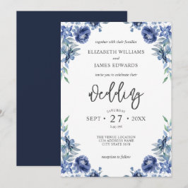 Elegant Dusty Blue Navy Rustic Floral Wedding Kaart