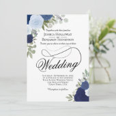 Elegant Dusty Blue & Navy Rustieke Bloemen Bruilof Kaart (Staand voorkant)