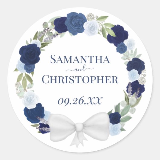 Elegant Dusty Blue & Navy Wreath of Rozen Wedding Ronde Sticker (Voorkant)