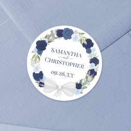 Elegant Dusty Blue & Navy Wreath of Rozen Wedding Ronde Sticker