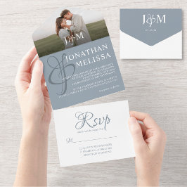 Elegant Dusty Blue Overlay Photo Monogram Weddensc All In One Uitnodiging