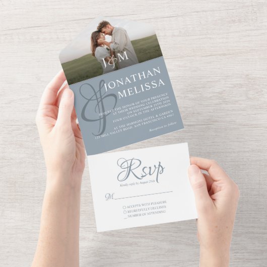 Elegant Dusty Blue Overlay Photo Monogram Weddensc All In One Uitnodiging (Afscheurbaar)