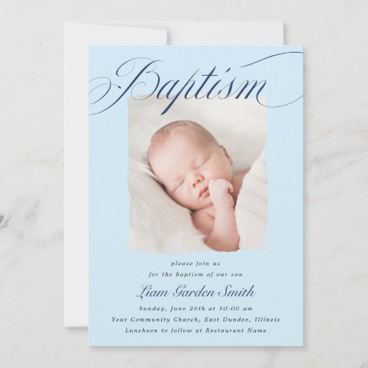 Elegant Dusty Blue Pastel Script Baptism Photo Inv Kaart (Voorkant)