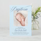Elegant Dusty Blue Pastel Script Baptism Photo Inv Kaart (Staand voorkant)