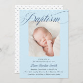 Elegant Dusty Blue Pastel Script Baptism Photo Inv Kaart (Voorkant / Achterkant)