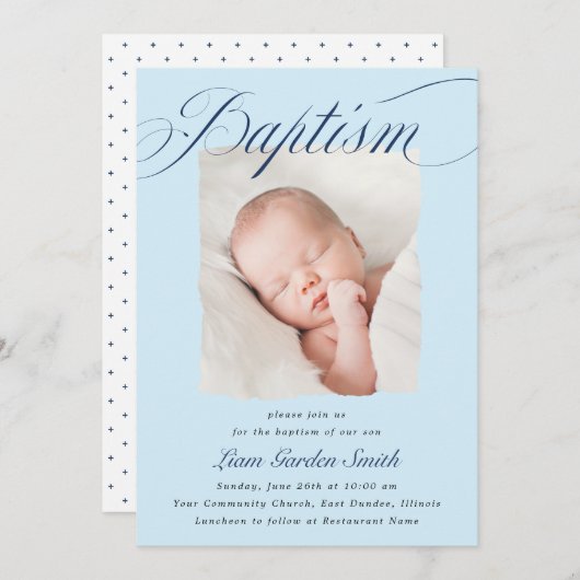 Elegant Dusty Blue Pastel Script Baptism Photo Inv Kaart (Voorkant / Achterkant)