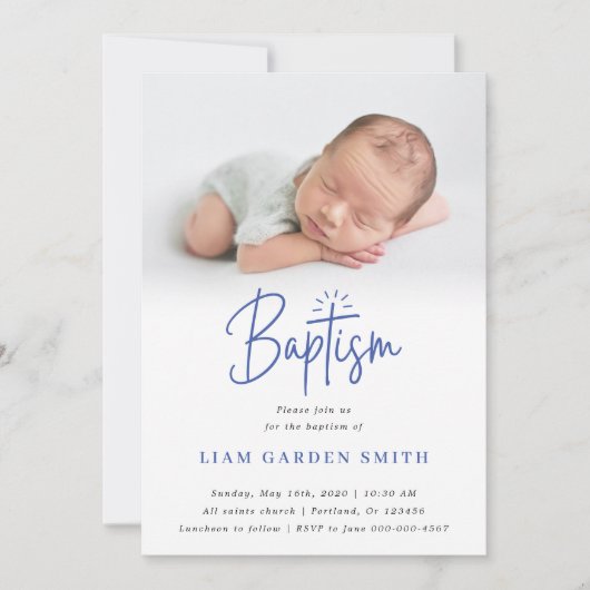 Elegant Dusty Blue Pastel Script Baptisme Foto in Kaart (Voorkant)