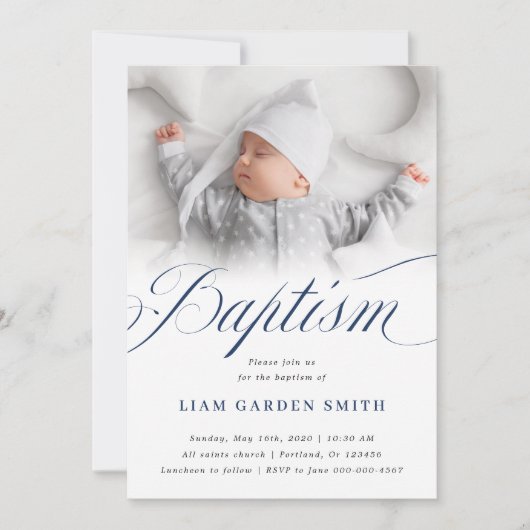 Elegant Dusty Blue Pastel Script Baptisme Foto in Kaart (Voorkant)