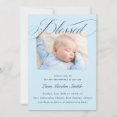 Elegant Dusty Blue Pastel Script Baptisme Foto Kaart (Voorkant)