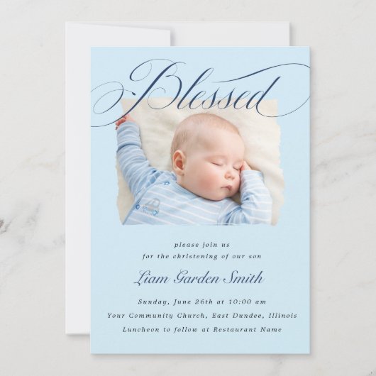 Elegant Dusty Blue Pastel Script Baptisme Foto Kaart (Voorkant)