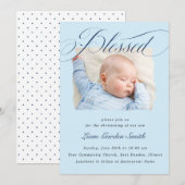Elegant Dusty Blue Pastel Script Baptisme Foto Kaart (Voorkant / Achterkant)