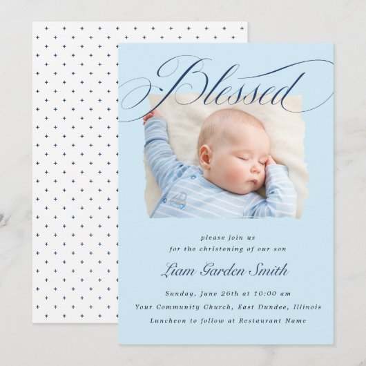Elegant Dusty Blue Pastel Script Baptisme Foto Kaart (Voorkant / Achterkant)