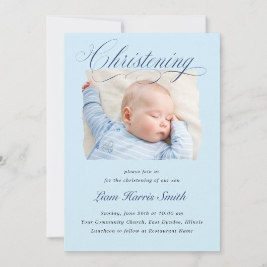 Elegant Dusty Blue Pastel Script Baptisme Photo Bo Kaart (Voorkant)