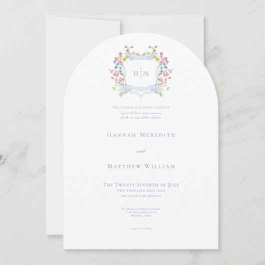 Elegant Dusty Blue Pastel Wildflower Crest Wedding Kaart (Voorkant)