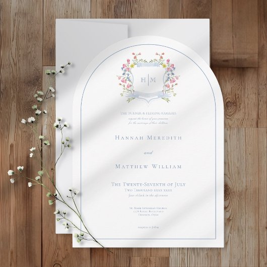 Elegant Dusty Blue Pastel Wildflower Crest Wedding Kaart