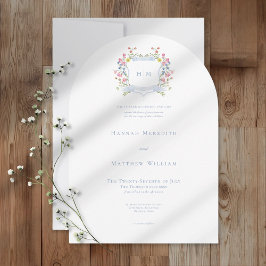 Elegant Dusty Blue Pastel Wildflower Crest Wedding Kaart