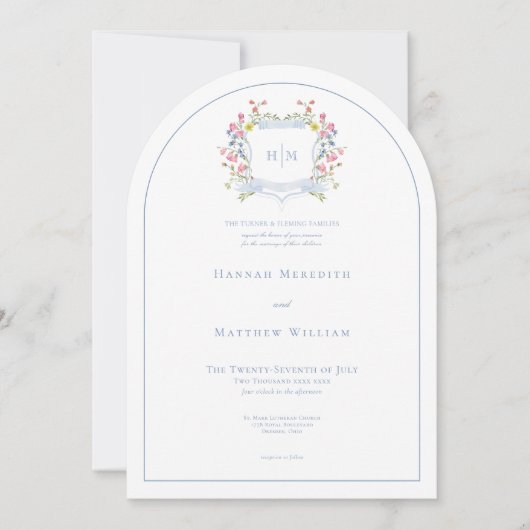 Elegant Dusty Blue Pastel Wildflower Crest Wedding Kaart (Voorkant)