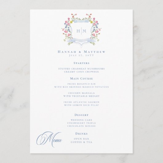 Elegant Dusty Blue Pastel Wildflower Crest Wedding Menu (Voorkant)
