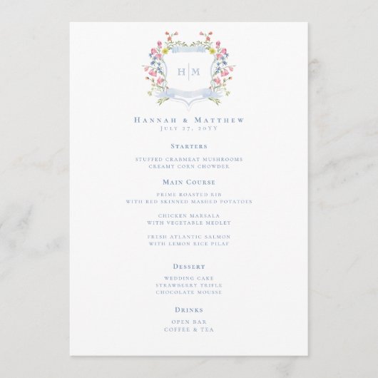 Elegant Dusty Blue Pastel Wildflower Crest Wedding Menu (Voorkant)