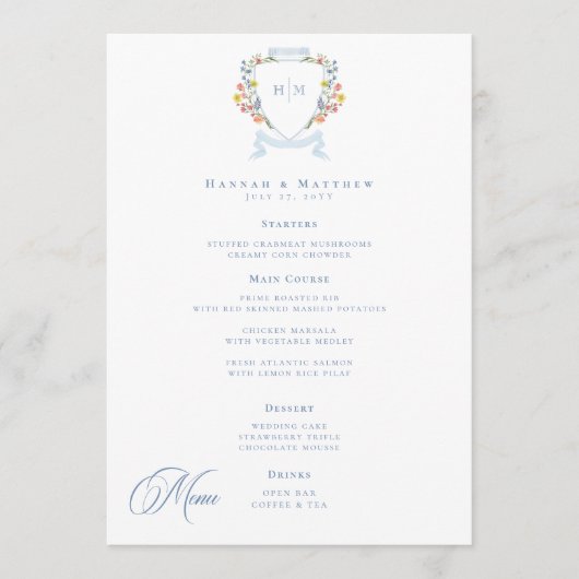 Elegant Dusty Blue Pastel Wildflower Crest Wedding Menu (Voorkant)