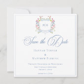 Elegant Dusty Blue Pastel Wildflower Crest Wedding Save The Date (Voorkant)