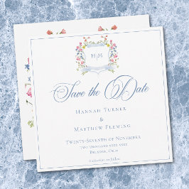 Elegant Dusty Blue Pastel Wildflower Crest Wedding Save The Date