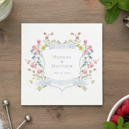 Elegant Dusty Blue Pastel Wildflower Crest Wedding Servet