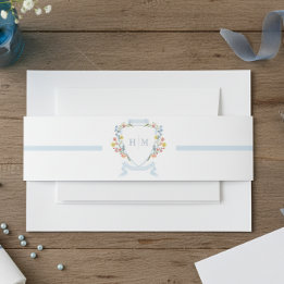 Elegant Dusty Blue Pastel Wildflower Crest Wedding Uitnodigingen Wikkel