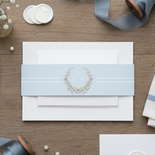 Elegant Dusty Blue Pastel Wildflower Crest Wedding Uitnodigingen Wikkel