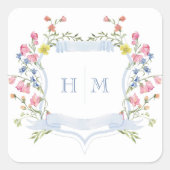Elegant Dusty Blue Pastel Wildflower Crest Wedding Vierkante Sticker (Voorkant)