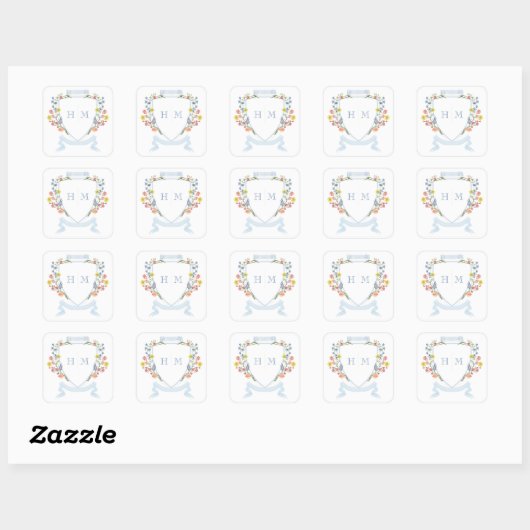 Elegant Dusty Blue Pastel Wildflower Crest Wedding Vierkante Sticker (Vel)