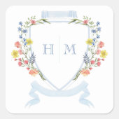 Elegant Dusty Blue Pastel Wildflower Crest Wedding Vierkante Sticker (Voorkant)