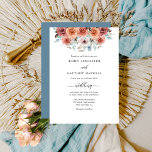 Elegant Dusty Blue, Peach and Blush Floral Wedding Kaart<br><div class="desc">Verfijn je gasten met deze elegante huwelijksuitnodiging met een voortreffelijke waterverf florale grens die je trouwgegevens laat zien. Floral in een mooi mengsel van perzik, wazig, wazig roze, stoffig blauw en mint-tinten. Moderne handgeschreven kalligrafie. Mogelijkheid om "samen met hun ouders" de introductie te veranderen in "samen met hun familie", "samen...</div>