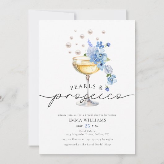 Elegant Dusty Blue Pearls & Prosecco Vrijgezellenf Kaart (Voorkant)