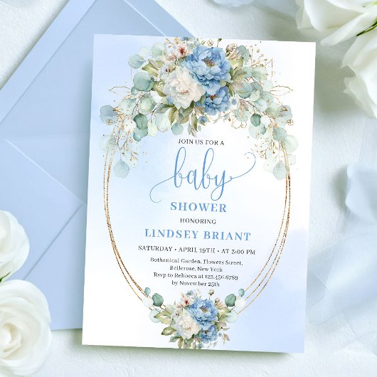 Elegant Dusty Blue Peonies Baby Shower Gold Invite Kaart