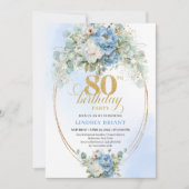 Elegant Dusty Blue Peonies Gold Boho 80th Birthday Kaart (Voorkant)