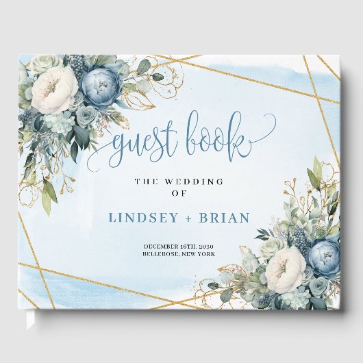 Elegant Dusty Blue Peonies Gold Wedding Guest Book Gastenboek (Voorkant)