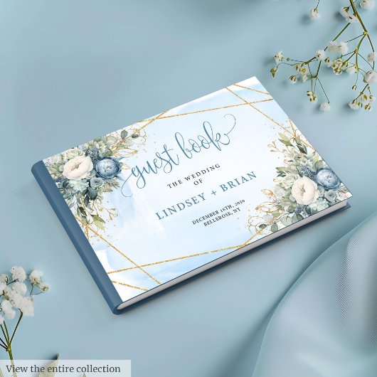 Elegant Dusty Blue Peonies Gold Wedding Guest Book Gastenboek