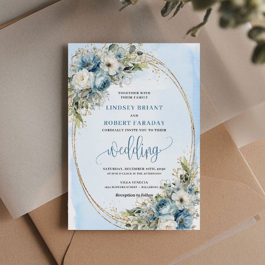 Elegant Dusty Blue Peony Floral Gold Glitter Invit Kaart