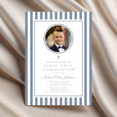 Elegant Dusty Blue Photo Boy First Communion Kaart