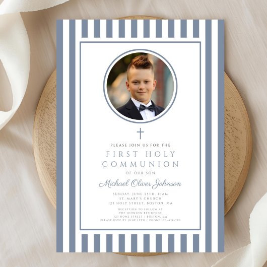 Elegant Dusty Blue Photo Boy First Communion Kaart