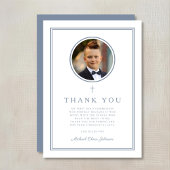 Elegant Dusty Blue Photo Boy First Holy Communion Bedankkaart