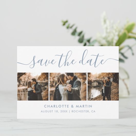 Elegant Dusty Blue Photo Collage Save the Date (Staand voorkant)
