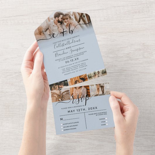 Elegant Dusty Blue Photo Monogram Wedding RSVP All In One Uitnodiging (Afscheurbaar)