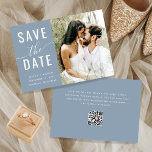 Elegant Dusty Blue Photo Typography Qr Code Script Save The Date<br><div class="desc">Je speciale dag verdient een uitnodiging die de schoonheid en elegantie van je liefdesverhaal weergeeft. Onze elegante dusty blauwe fototypografie QR codemanuscript sparen de datum is de perfecte keus om uw gasten in stijl uit te nodigen. Met een verbluffende, stoffige blauwe kleur en een romantisch typografisch ontwerp zal onze save...</div>