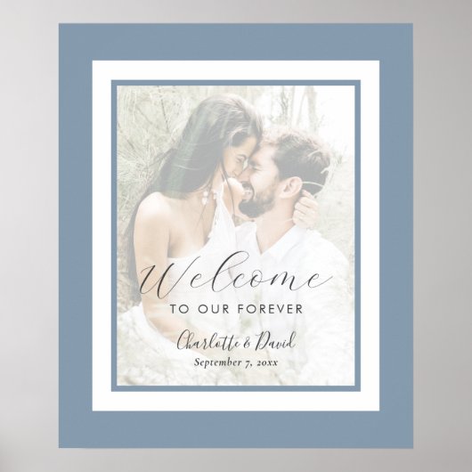 Elegant Dusty Blue Photo Weddenschap Welkomstteken Poster (Voorkant)