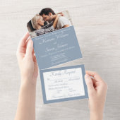 Elegant Dusty Blue Photo Wedding Invitation All In One Uitnodiging (Afscheurbaar)
